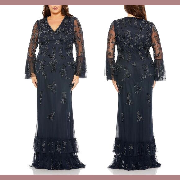 NWT Mac Duggal [ 24W ] V Neck‎ Embellished Flutter Tiered Long Sleeve Gown Blue - Picture 1 of 16
